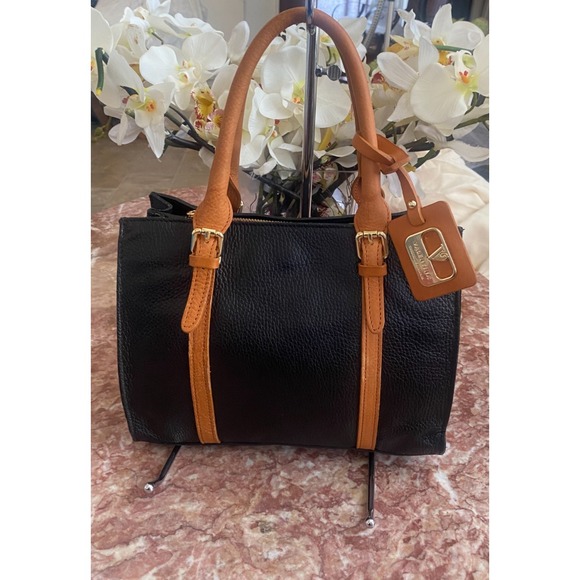 Valentina Handbags - VALENTINA RIMINI Women's Black Pebble Tan Leather Handbag Made in Italy, $365